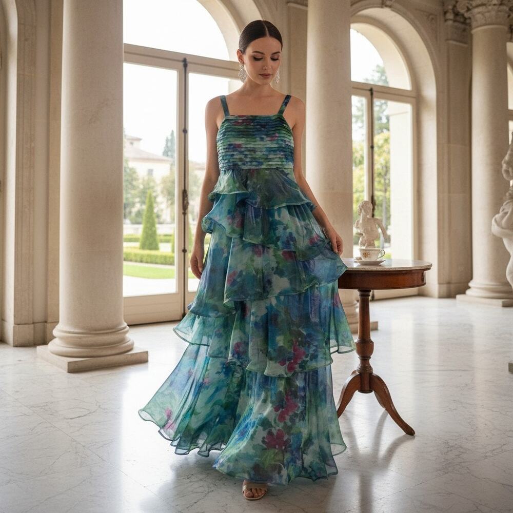 Taylor Watercolor Tiered Ruffle Gown – Size 8, NW